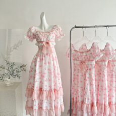 批发Blovelan莉莉安花径 度假风镂空印花刺绣方领收腰短袖<b class='q'>连衣裙</b>