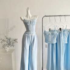 批发titi小姐姐【ins玩家】套装女春季辣妹吊带休闲阔腿<b class='q'>运动</b>裤两件套