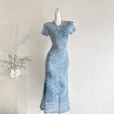 批发新中式国风蕾英俊【松涧照】复古波点<b class='q'>改良</b><b class='q'>旗袍</b>裙夏收腰水滴领长裙