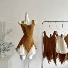 批发DULA好好家复古辣妹风毛边<b class='q'>牛仔</b>吊带背心女夏流苏设计感上衣短裙