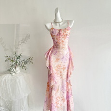 批发CloudSweet白云甜 纤花问 新中式<b class='q'>连衣裙</b>提花刺绣吊带裙夏粉色长裙