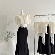 批发木子李的李温柔洋气小飞袖收腰短款气质<b class='q'>蕾丝</b>花边拼接<b class='q'>雪纺上衣</b>半裙