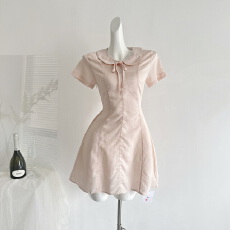 批发THETURE<b class='q'>亚麻</b>粉粉裙娃娃领<b class='q'>连衣裙</b>女学院风修身显瘦收腰短袖裙子
