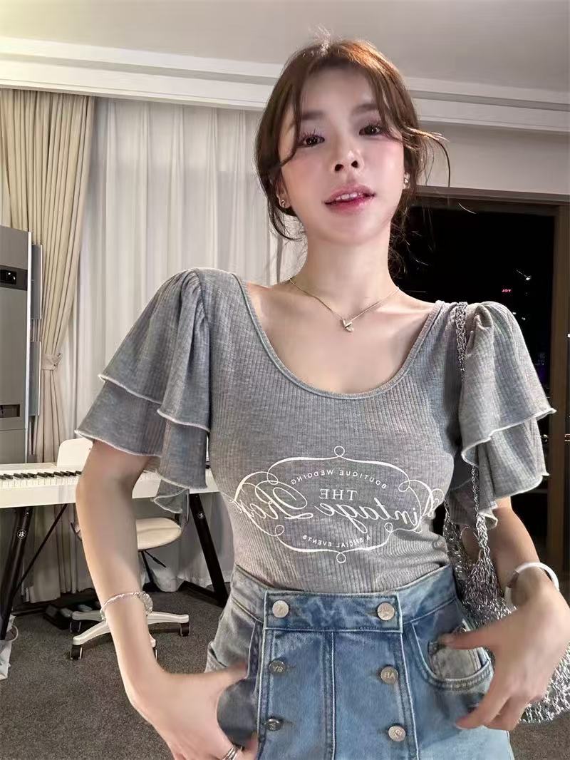 FA34635# 新款设计感小众复古重工刺绣印花短袖T恤双层花边短款上衣女 服裝批發女裝批發服飾貨源