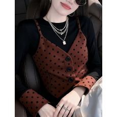 批发高级感复古红色马甲假两件上衣女秋季2025新款洋气减龄设计感上衣