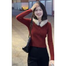 批发设计感气质麻花毛领长袖针织衫女<b class='q'>冬</b>季圣诞氛围感毛衣红色打底上衣