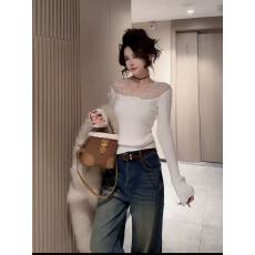 批发一字肩蕾丝拼接针织内搭打底衫女秋冬设计感露肩修身<b class='q'>气质</b>长袖上衣