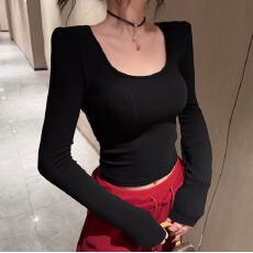 批发辣妹风U领带胸垫长袖T恤女秋<b class='q'>冬</b>新款时尚修身显瘦百搭打底上衣