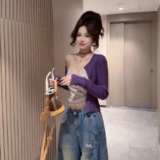 批发温柔风紫色长袖针织开衫吊带碎花背心女春季甜辣妹设计感上衣套装