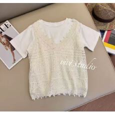 批发叠穿蕾丝镂空马甲短袖T恤女2026春季超好看黑色显瘦上衣针织背心