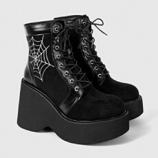 批发亚马逊跨境圆头高帮厚底哥特式朋克风暗黑系蛛网跛跟系带女靴