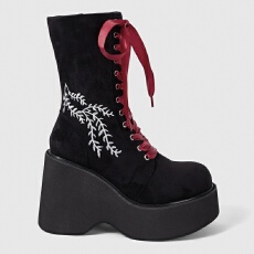 批发亚马逊跨境圆头高帮厚底哥特式暗黑系朋克风絮条跛跟红色系带女靴