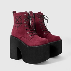 批发亚马逊跨境圆头高帮厚底侧拉链哥特式朋克风星星图案跛跟系带女靴