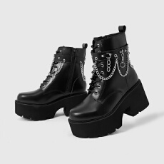 批发亚马逊跨境圆头高帮厚底侧拉链哥特式朋克风铆钉链条跛跟系带女靴