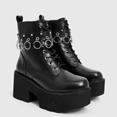 批发亚马逊跨境圆头高帮厚底侧拉链哥特式朋克风铆钉圆扣跛跟系带女靴