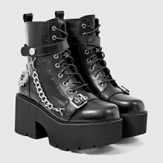 批发亚马逊跨境圆头高帮厚底侧拉链哥特式朋克风铆钉链条跛跟系带女靴
