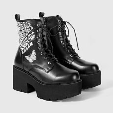 批发亚马逊跨境圆头高帮厚底侧拉链哥特式朋克风蝴蝶印花跛跟系带女靴