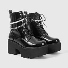 批发亚马逊跨境圆头高帮厚底侧拉链哥特式朋克风珍珠链条跛跟系带女靴