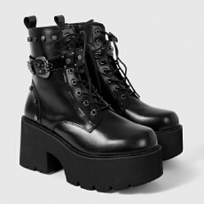 批发亚马逊跨境圆头高帮厚底侧拉链哥特式朋克风搭扣链条铆钉系带女靴
