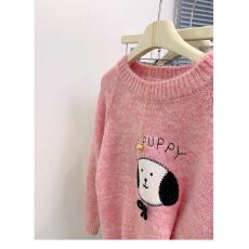批发粉色趣味小狗圆领针织衫女2025新款秋款加厚小个子童趣风打底毛衣