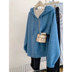 批发蓝色套头连帽毛衣女大童秋冬2025新款慵懒风针织衫上衣高级感外穿