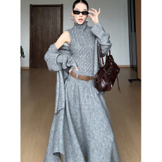 批发麻花半高领<b class='q'>无袖</b>背心披肩不规则半裙套装