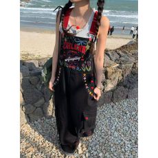 美式复古工装背带裤女夏季宽松设计感显瘦直筒阔腿裤