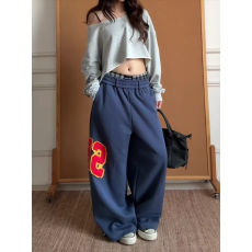 批发美式复古撞色字母贴布刺绣阔腿裤<b class='q'>女</b>宽松拖地<b class='q'>长裤</b>嘻哈街头风休闲裤