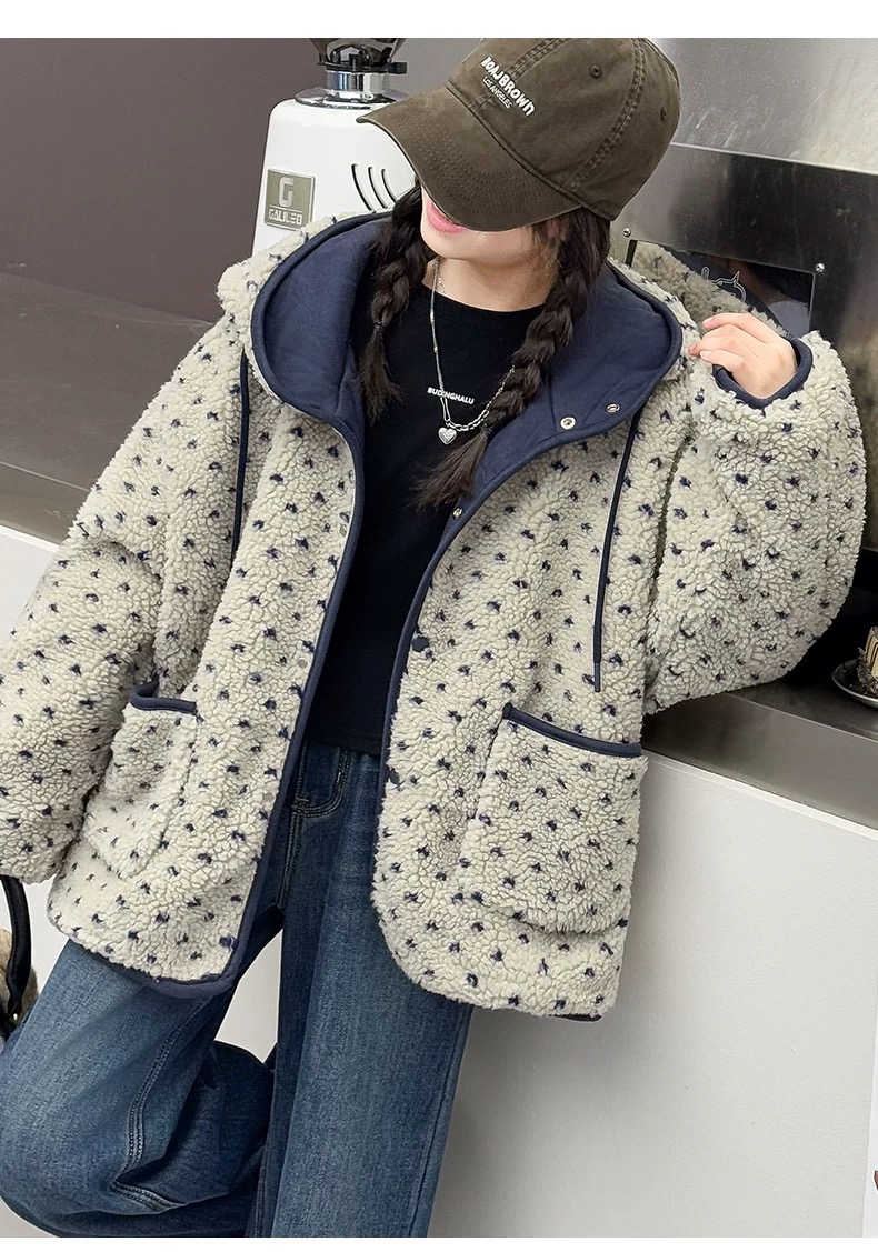 己入库 韩国东大门2025冬装连帽波点棉服外套