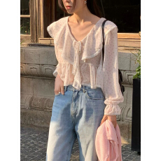 批发韩国东大门2026春季女装新品花边系带长袖衬衫