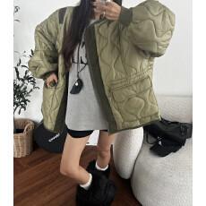韩国东大门2026秋冬 复古菱形格宽松夹棉百搭显瘦长袖棉服女