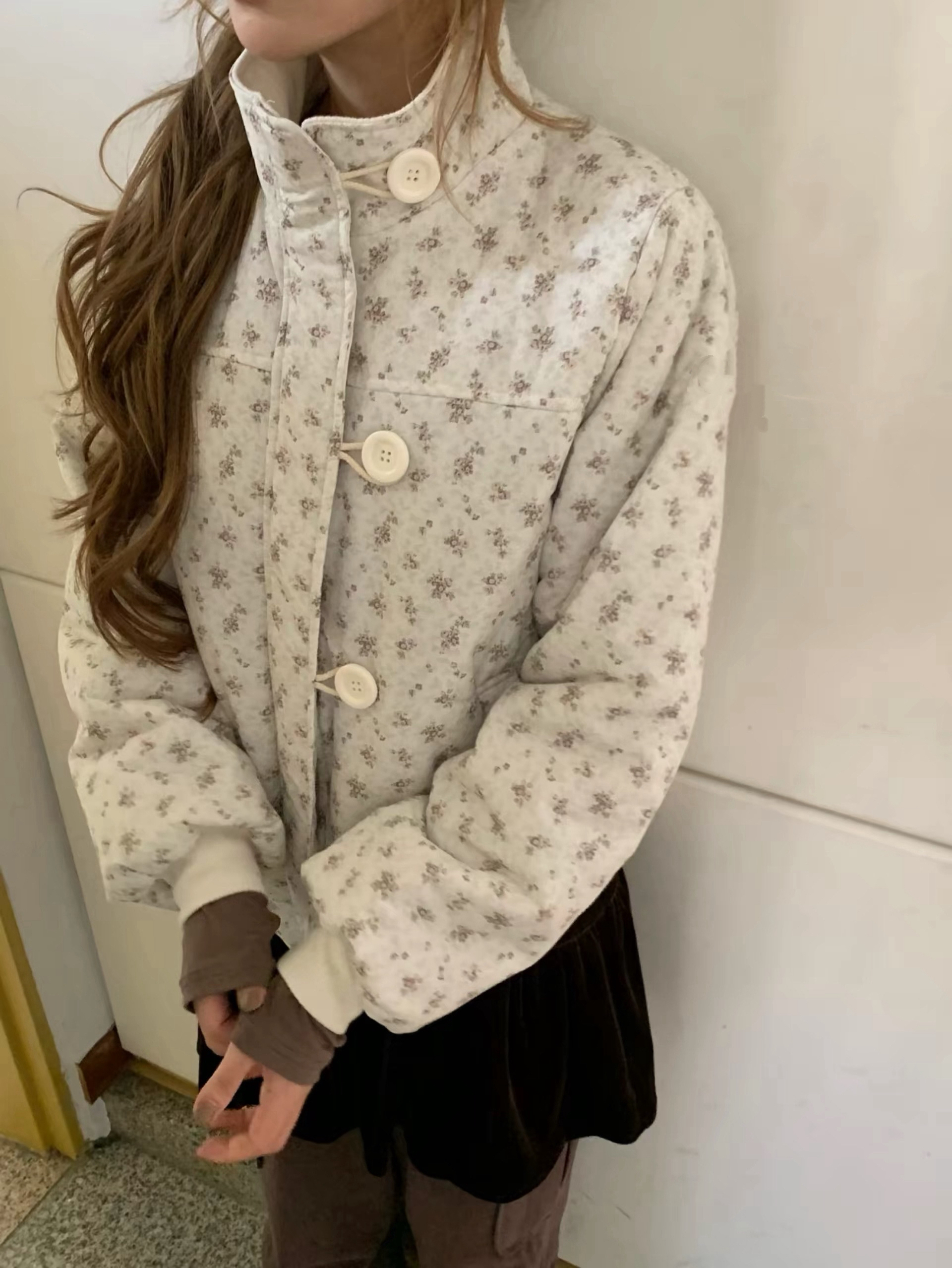 BY35879# 韩国东大门甜美碎花夹棉保暖立领宽松棉服外套  服裝批發女裝批發服飾貨源