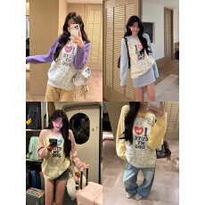 R1DGE 美式爱小狗拼色插肩长袖针织衫毛衣男女秋宽松百搭休闲上衣