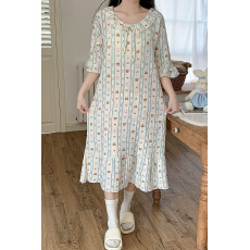 批发双层棉纱裙子睡衣女款夏季全棉纱布短袖长裙甜美可爱夏天家居服