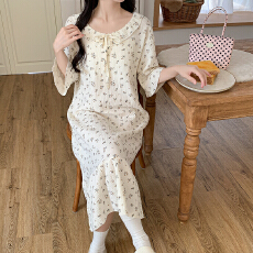 批发双层棉纱裙子睡衣女款夏季全棉纱布短袖长裙甜美可爱夏天家居服