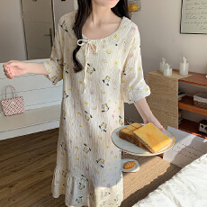 批发双层棉纱裙子睡衣女款夏季全棉纱布短袖长裙甜美可爱夏天家居服