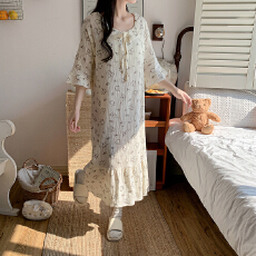 批发双层棉纱裙子睡衣女款夏季全棉纱布短袖长裙甜美可爱夏天家居服