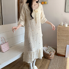 批发双层棉纱裙子睡衣女款夏季全棉纱布短袖长裙甜美可爱夏天家居服