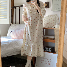 批发双层棉纱裙子睡衣女款夏季全棉纱布短袖长裙甜美可爱夏天家居服