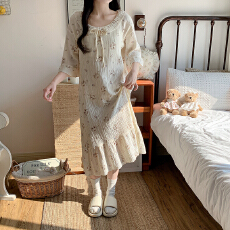 批发双层棉纱裙子睡衣女款夏季全棉纱布短袖长裙甜美可爱夏天家居服