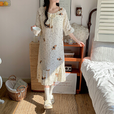 批发双层棉纱裙子睡衣女款夏季全棉纱布短袖长裙甜美可爱夏天家居服