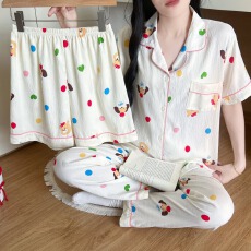 夏季ins韩系卡通甜美云朵棉开衫三件套家居服可外穿睡衣女套装