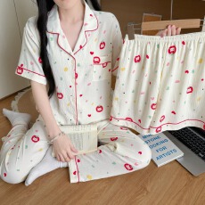 夏季ins韩系卡通甜美云朵棉开衫三件套家居服可外穿睡衣女套装