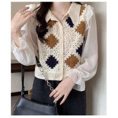 批发实拍镂空钩花拼接翻领衬衫女<b class='q'>夏季</b>薄款复古蕾丝<b class='q'>雪纺衫</b>假两件上衣潮