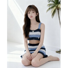 批发实拍法式条纹针织吊带背心短裙两件<b class='q'>套装</b>女夏季显瘦气质多巴胺风潮