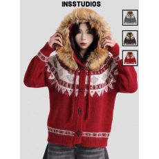 红色费尔岛连帽毛衣外套女2025新款冬季加厚爆款宽松针织开衫上衣