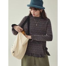 批发设计感侧开叉花边<b class='q'>t</b><b class='q'>恤</b>女25冬季新款长袖条纹上衣