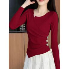 批发不规则修身正肩纽扣长袖<b class='q'>t</b><b class='q'>恤</b>女秋冬季短款褶皱设计感显瘦打底上衣