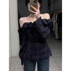 批发韩系高级设计感纯欲<b class='q'>甜美</b>一字肩黑色上衣秋季新款休闲时尚百搭显瘦