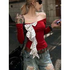 批发法式高级感红色一字肩波点飘带长袖<b class='q'>T</b><b class='q'>恤</b>女2025冬辣妹修身显瘦上衣